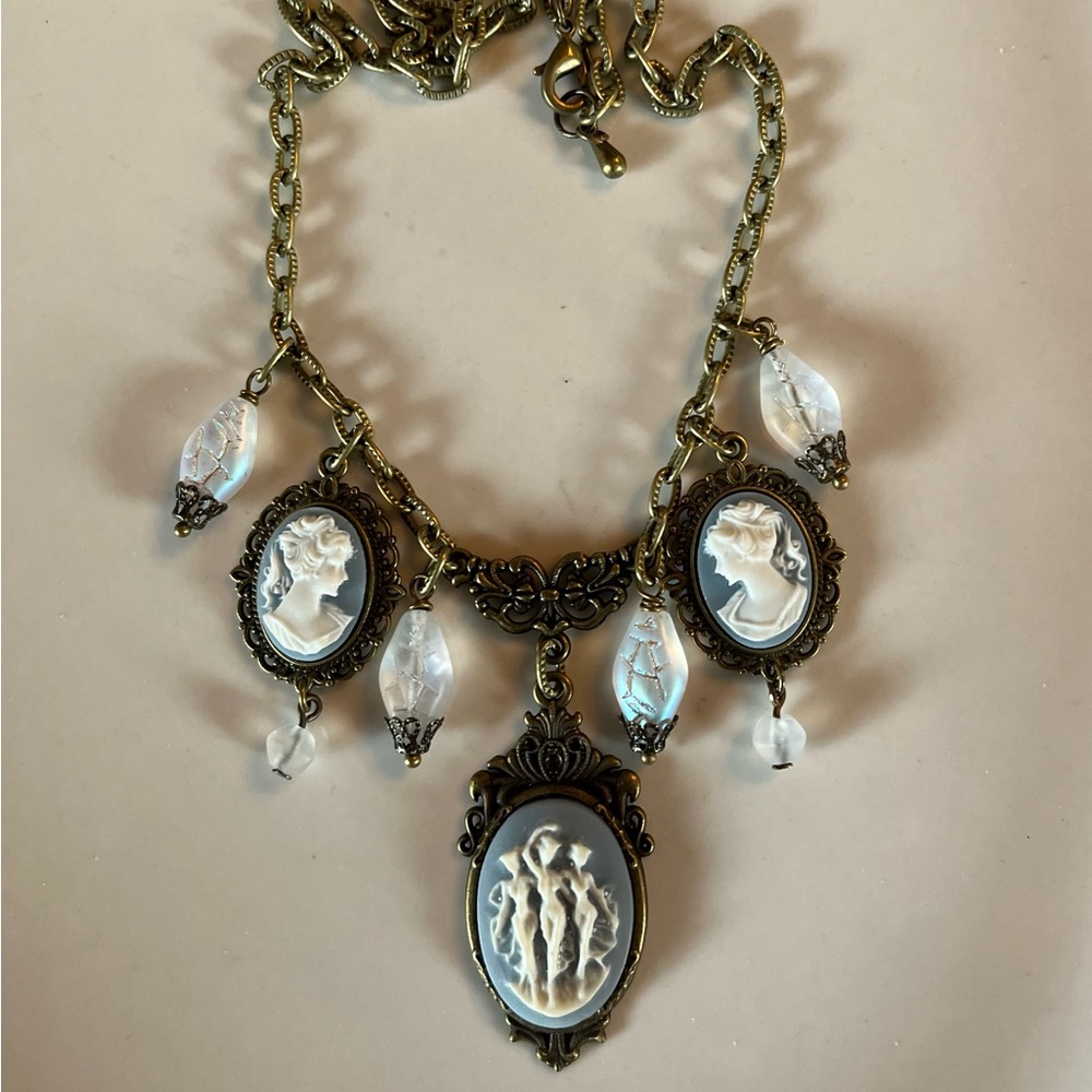 Vintage Cameo Wedgewood Blue Style Choker Three Fates Necklace